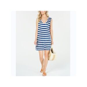 MIKEN Womens Blue Striped Sleeveless V Neck Short Shift Dress Plus 1X